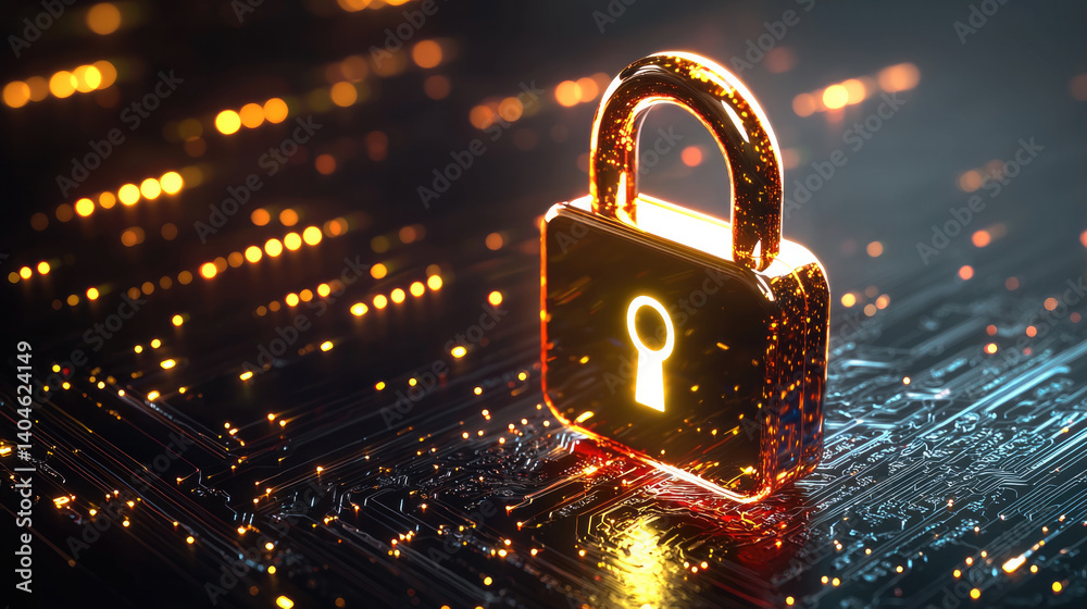 Poster shiny digital padlock stands prominently against backdrop of glowing circuitry, symbolizing security