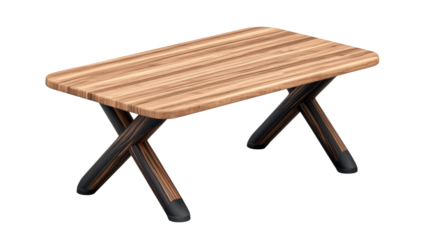 Modern wooden coffee table with striped design and unique crossed legs for stylish living room decoration