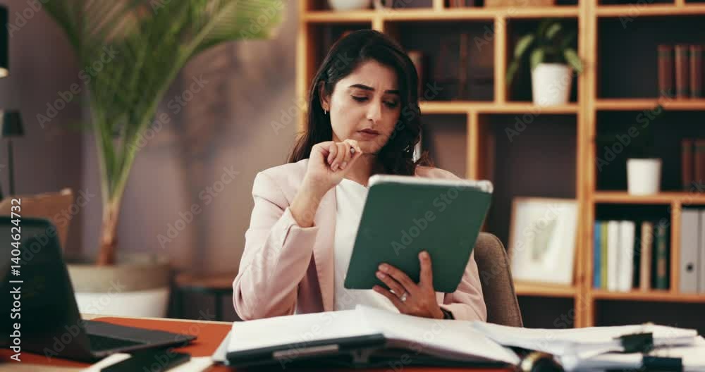 Aufkleber remote work, tablet and thinking with woman in home office for virtual assistant, reflection and net