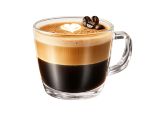 Deliciously beautiful layered coffee with heart latte art and coffee beans in a clear glass cup on black background