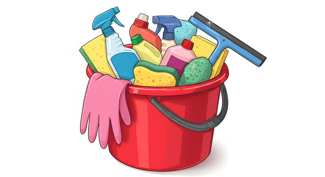 Red bucket filled with cleaning supplies and accessories on white background - Powered by Adobe