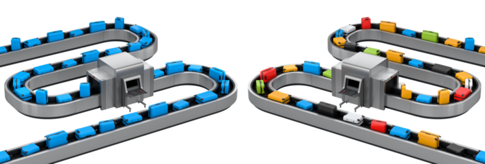 Set of Airport luggage conveyor belt or baggage claim area with suitcases on white background. 3d render of travel vacation concept.