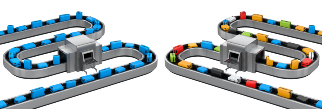 Set of Airport luggage conveyor belt or baggage claim area with suitcases on white background. 3d render of travel vacation concept.