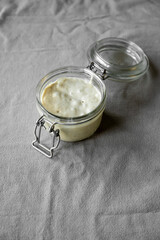 Sourdough starter in a jar, baking sourdough bread