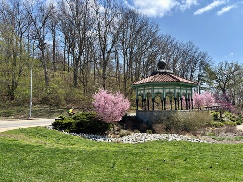 Gazebo with blooming cherry trees in a spring at Eden Park, Cincinnati