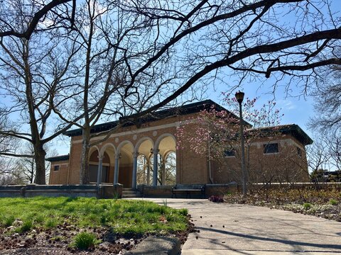 Mount Echo Park pavilion framed by trees and blooming spring landscape