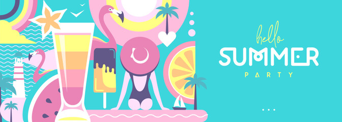 Hello Summer flat poster or banner with lighthouse, cocktail, flamingo, tropic fruits and rainbow. Vector illustration