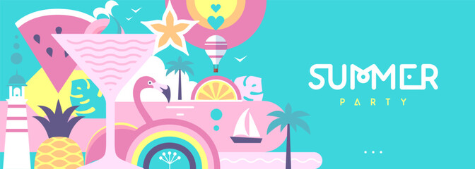 Hello Summer flat poster or banner with mermaid, cocktail, flamingo, tropic fruits and rainbow. Vector illustration