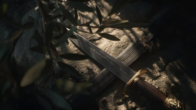 Antique dagger laid upon stone, partially shaded by branches and leaves. Soft lighting highlights the metal blade