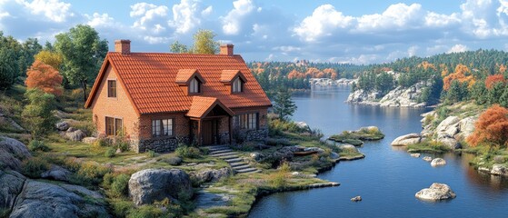 Naklejka premium Cozy house near a lake surrounded by autumn trees under a cloudy sky creating a picturesque landscape