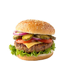 "Classic Cheeseburger with Lettuce, Tomato, Onion, and Pickles on Sesame Seed Bun &ndash; Isolated on Transparent Background"
