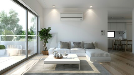 A living room with a white couch, a coffee table, and a potted plant
