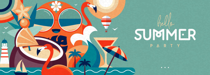 Hello Summer flat poster or banner with mermaid, cocktails, flamingo, tropic fruits and rainbow. Vector illustration