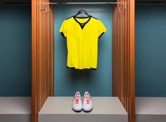 Yellow soccer uniform and cleats in team locker room