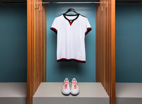 White soccer uniform and cleats in team locker room
