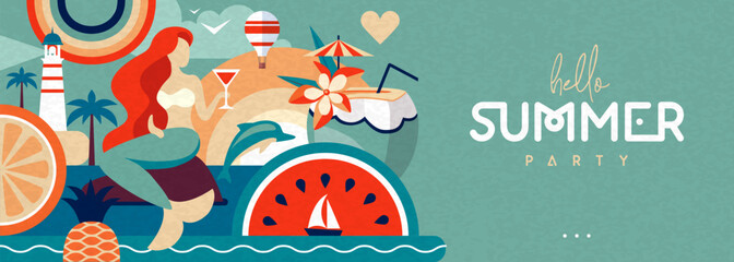Hello Summer flat poster or banner with mermaid, cocktails, dolphin, tropic fruits and rainbow. Vector illustration