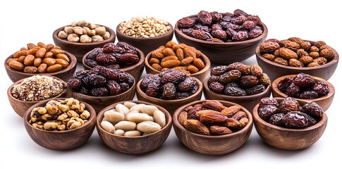 A collection of various nuts and dried fruits are neatly arranged in small wooden bowls on a white background.  Perfect for healthy eating and food blogs.