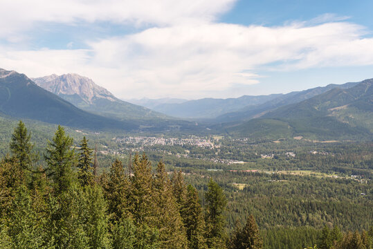 Alpine view of Fernie, British Columbia nestled among mountains