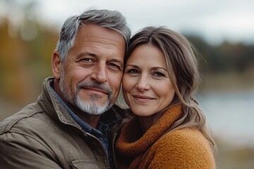 Fototapeta premium Couple enjoying an autumn day by the water, sharing smiles and affection in nature