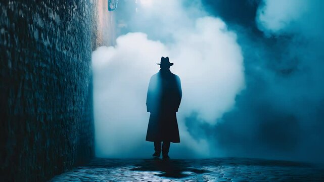 Mysterious figure in hat and trench coat amidst smoky alley. A shadowy presence, obscured. Enigmatic, vintage style, cinematic