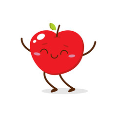 Cute red apple cartoon character with smiling face, showing a Friendly pose. Perfect for kids illustrations, healthy food designs, or educational materials. Isolated on white background with soft shad