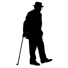 杖を持った老人のシルエット、全身黒色のみ
