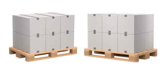Set of wooden pallet for warehouse cargo storage with cardboard boxes on white background. 3d render of tray for cargo loading and transportation, freight delivery, warehousing service equipment