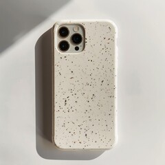 Speckled Beige Phone Case Close-Up: Eco-Friendly Design with Camera Lenses and Modern Aesthetic