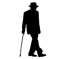 杖を持った老人のシルエット、全身黒色のみ