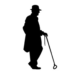 杖を持った老人のシルエット、全身黒色のみ