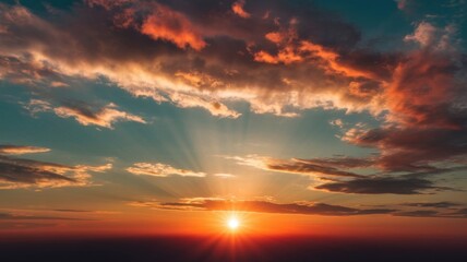 Obraz premium Radiant sundown scene with luminous sky, ethereal clouds and beaming light