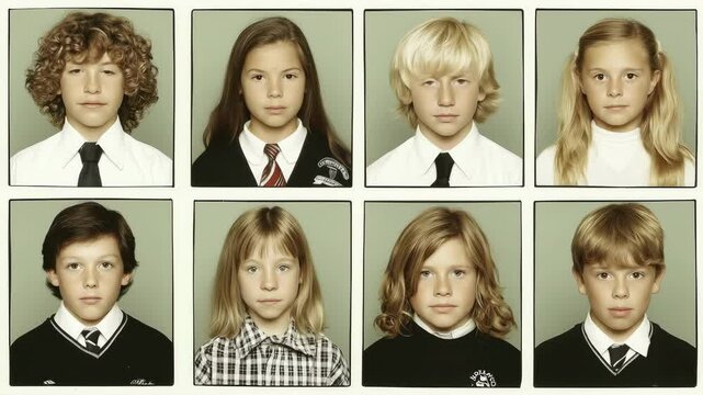 Vintage muted 1980s school yearbook video portraits of children with formal expressions in tight symmetrical layout, slow dolly inward emphasizes discipline and archival aesthetics