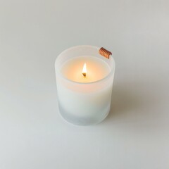 Cozy Home Ambiance: Frosted Glass Candle with Natural Wooden Wick, Lit on a Minimalist White Surface for Relaxation