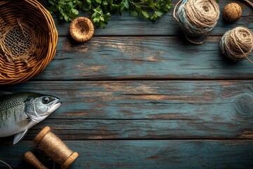 Fresh fish displayed beside twine and wooden baskets on a rustic wooden surface