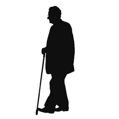杖を持った老人のシルエット、全身黒色のみ