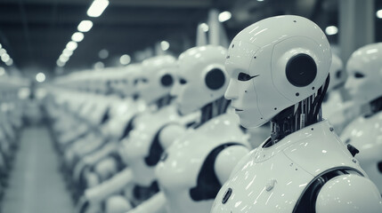 Humanoid robots lined up in high tech factory, showcasing advanced technology and design