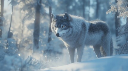 Wolf Standing in Snowy Forest Landscape During Winter Season