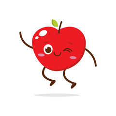 Cute red apple cartoon character with winking eye, showing a Excited pose. Perfect for kids illustrations, healthy food designs, or educational materials. Isolated on white background with soft shadow