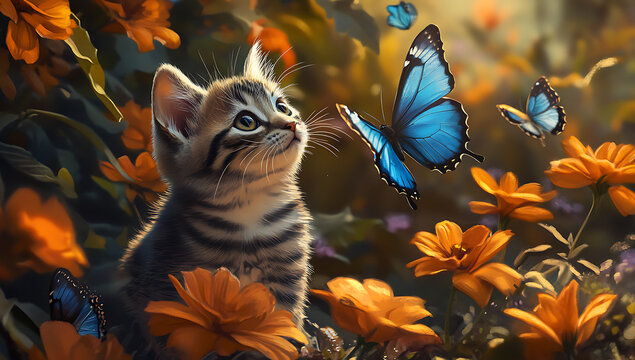 a butterflies soft kitten looking at a butterfly