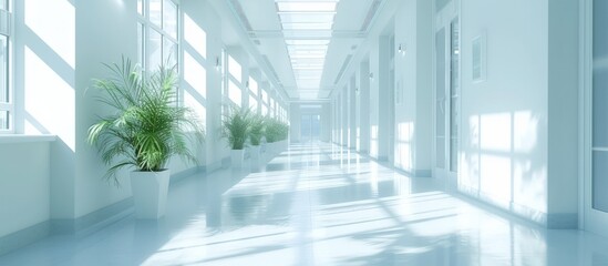 Fototapeta premium Empty white hallway in the hospital bright corridor with rooms and windows. Generated AI image
