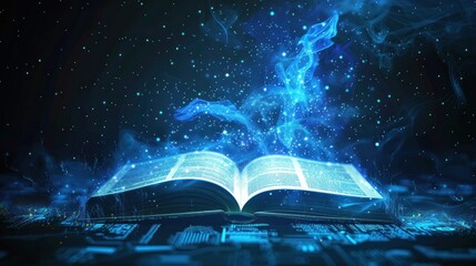 Modern futuristic open blue book for education with digital futuristic elements graphic.Generated AI