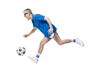 Funny soccer player kicking the ball