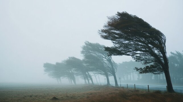 windy trees with a foggy background.