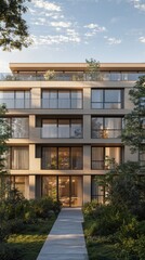 Modern Multi-Story Apartment Building with Green Surroundings