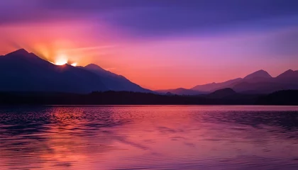 Gardinen オレンジと紫のグラデーションが広がる夕暮れの湖 © EASY103