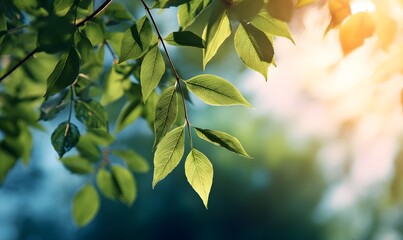 Obraz premium Vibrant Green Leaves Sunlight Nature Spring Branch Fresh Foliage Lush Greenery Tranquil Peaceful Sunlight Rays Botanical Beauty 