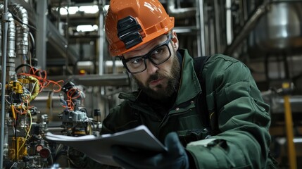 A focused male engineer in safety gear meticulously reviews technical documents while inspecting complex industrial machinery within a large manufactu plant.