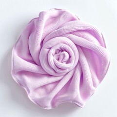 Top-Down Close-Up of a Delicate Pastel-Colored Microfiber Hair Towel Folded into an Elegant Rose Shape on a White Surface