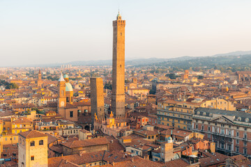 Bologna's iconic Two Towers, Asinelli and Garisenda, stand tall over the historic city. © ronnybas