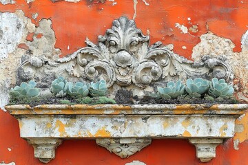 Ornamented aged facade with succulents